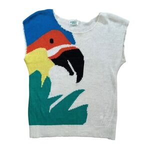 Vintage 90s Hot-tazz Parrot Sleeveless Knit Top Linen Blend Medium Colorful